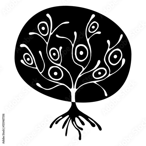Vector hand drawn illustration, decorative ornamental stylized tree. Black and white graphic illustration isolated on the white background. Inc drawing silhouette. Decorative artistic ornamental wood