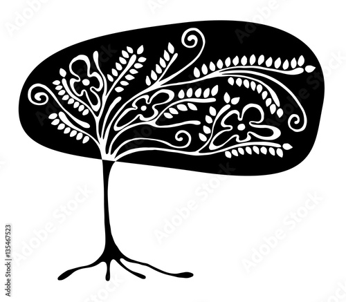 Vector hand drawn illustration, decorative ornamental stylized tree. Black and white graphic illustration isolated on the white background. Inc drawing silhouette. Decorative artistic ornamental wood