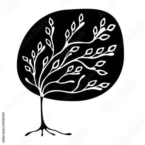 Vector hand drawn illustration, decorative ornamental stylized tree. Black and white graphic illustration isolated on the white background. Inc drawing silhouette. Decorative artistic ornamental wood