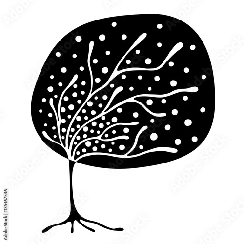 Vector hand drawn illustration, decorative ornamental stylized tree. Black and white graphic illustration isolated on the white background. Inc drawing silhouette. Decorative artistic ornamental wood