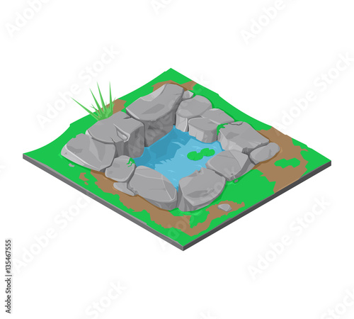 Isometric Small Pond Icon. 

Vector illustration of a man made rock pool with plants.