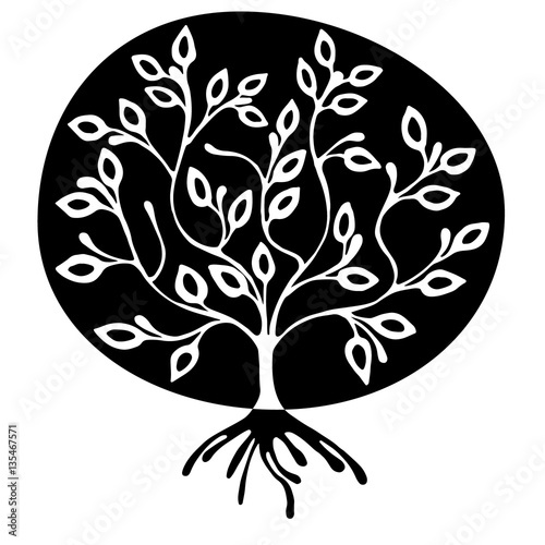Vector hand drawn illustration, decorative ornamental stylized tree. Black and white graphic illustration isolated on the white background. Inc drawing silhouette. Decorative artistic ornamental wood