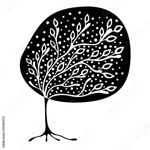 Vector hand drawn illustration, decorative ornamental stylized tree. Black and white graphic illustration isolated on the white background. Inc drawing silhouette. Decorative artistic ornamental wood