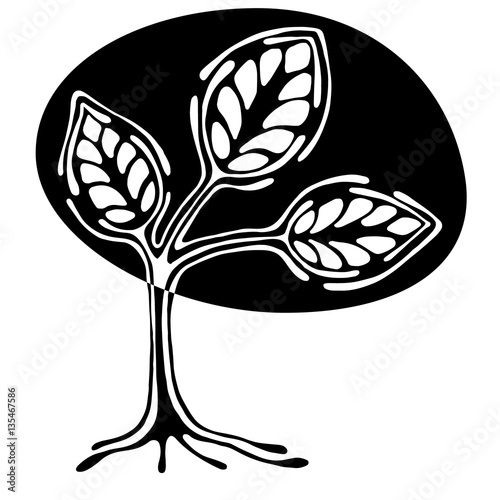 Vector hand drawn illustration, decorative ornamental stylized tree. Black and white graphic illustration isolated on the white background. Inc drawing silhouette. Decorative artistic ornamental wood