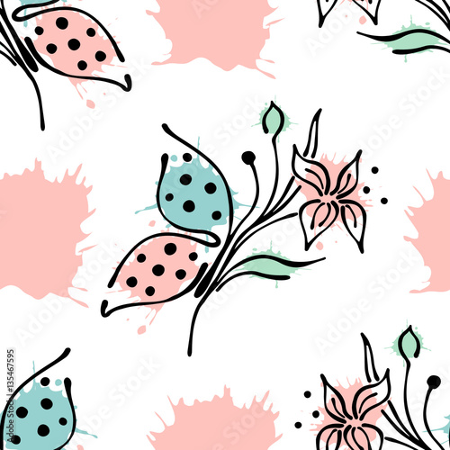 Vector seamless floral pattern with butterfly flowers, leaves, decorative elements, splash, blots, drop Hand drawn contour lines and strokes Doodle sketch style, graphic vector drawing illustration © Valentain Jevee