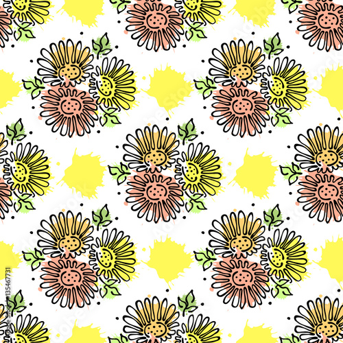Vector seamless floral pattern with flowers, leaves, decorative elements, splash, blots, drop Hand drawn contour lines and strokes Doodle sketch style, graphic vector drawing illustration
