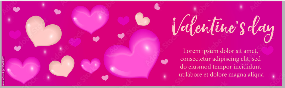 Valentines Day banner with realistic 3D heart. Template for your design with space for text. Vector illustration