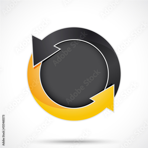 Round sticker tag with arrows. Blank vector icons in black and yellow color with a dark circle in the center. photo