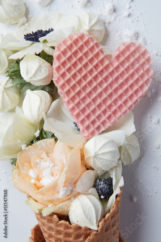 Waffle cone with composition of flowers