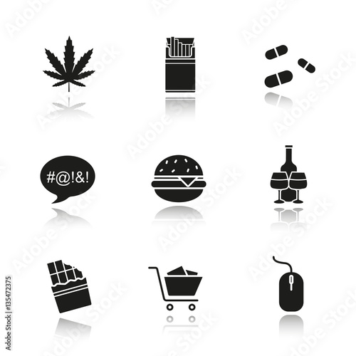 Addictions drop shadow black icons set