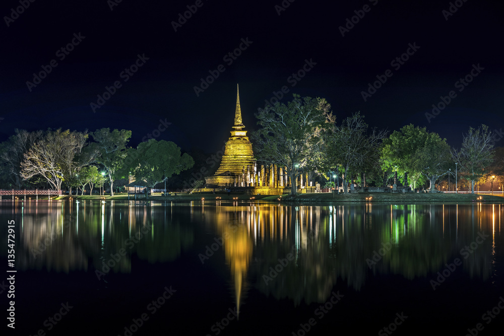 The night at Wat Si Sawai Temple in Sukhothai Historical Park,Thailand