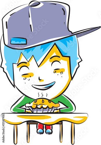 Cute little boy eating a pie