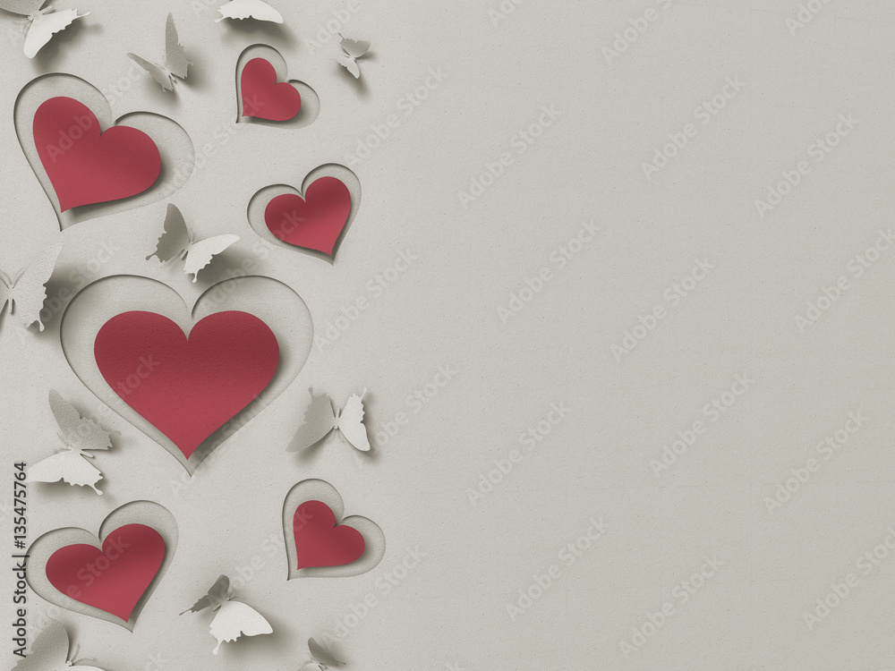 paper butterflies and hearts , happy valentine's day - 3D romantic card / background ( love , butterfly , heart , valentine , creamy , wedding )