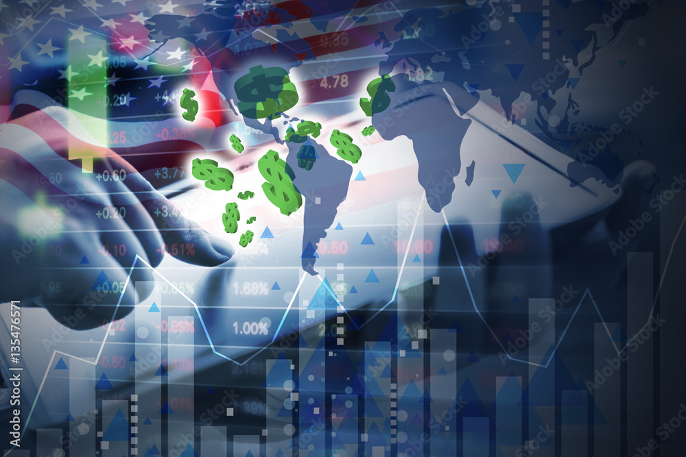Obraz premium Business concept of young woman are trading USA stock market by using digital tablet