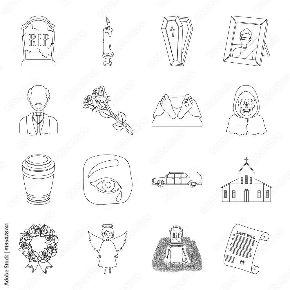 Vecteur Stock Funeral ceremony set icons in outline style. Big