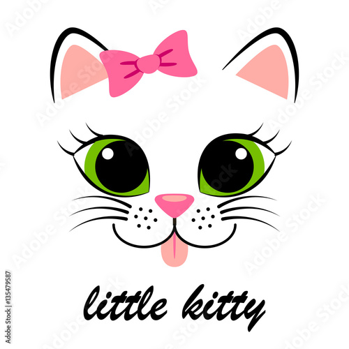 Cute white kitten with pink bow. Girlish print with kitty for t-shirt