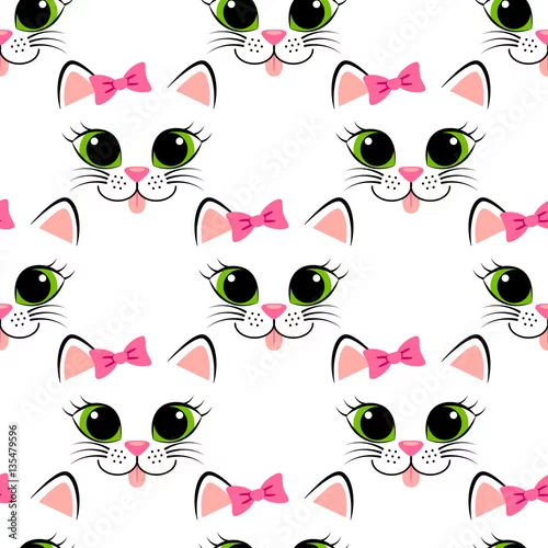 Fototapeta Wzór z twarz kota. Śliczna biała kotka z różową kokardką. Dziewczęcy tło z kotkiem