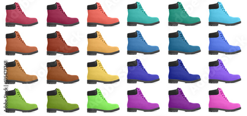 Set of multicolored boots. Side view