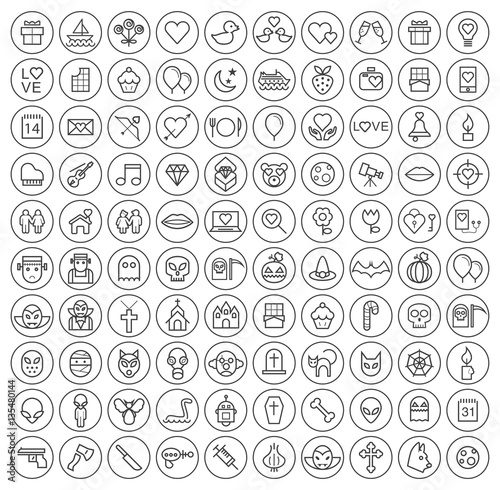 Set of 100 Isolated Minimal Modern Simple Elegant Black Stroke Icons on Circular Buttons on White Background ( Valentine's Day , Halloween and Scary Elements )
