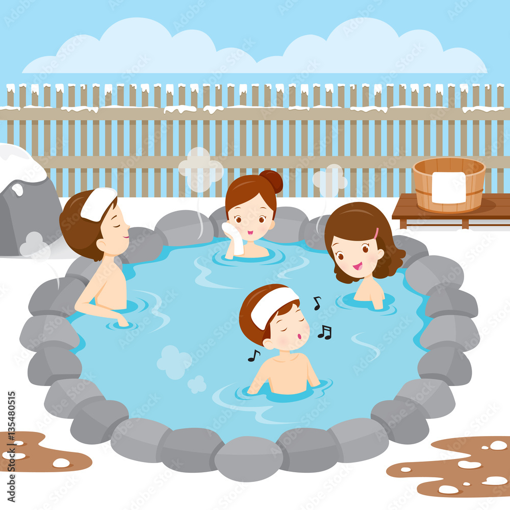 Family Relaxing In Hot Spring, Bath, Onsen, Japanese, Culture, Healthy