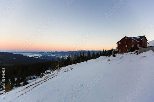 White dog meets a dawn guard hut in the mountains. Dragobrat Mountain Western Ukraine. Small house in the . © Angelov