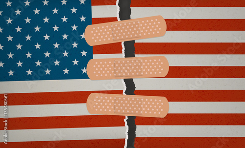 American flag torn and patched together with adhesive bandages