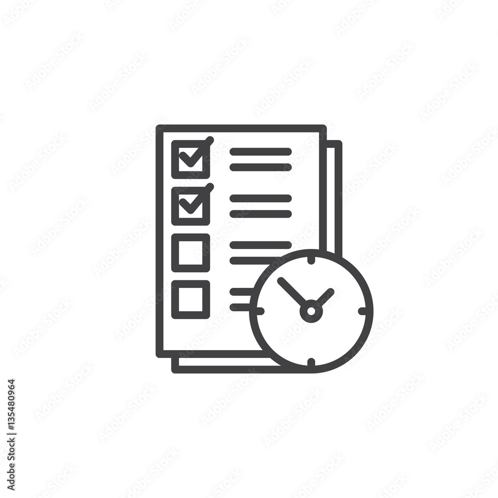 To do list with clock line icon, outline vector sign, linear pictogram isolated on white. Time management symbol, logo illustration To do list with clock line icon, outline vector sign, linear pictogram isolated on white. Time management symbol, logo illustration