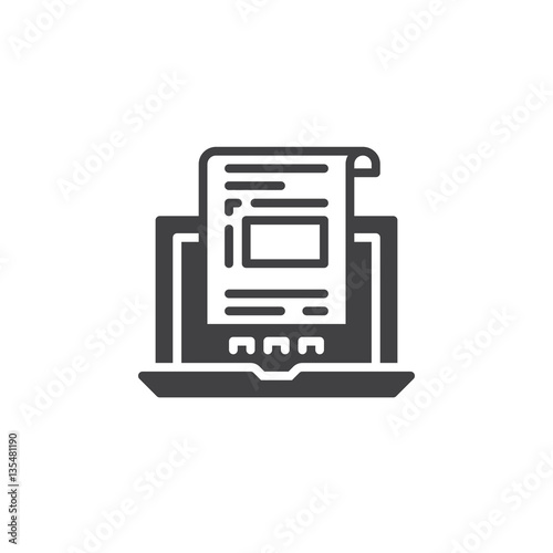 Laptop with document, invoice icon vector, filled flat sign, solid pictogram isolated on white. Symbol, logo illustration
