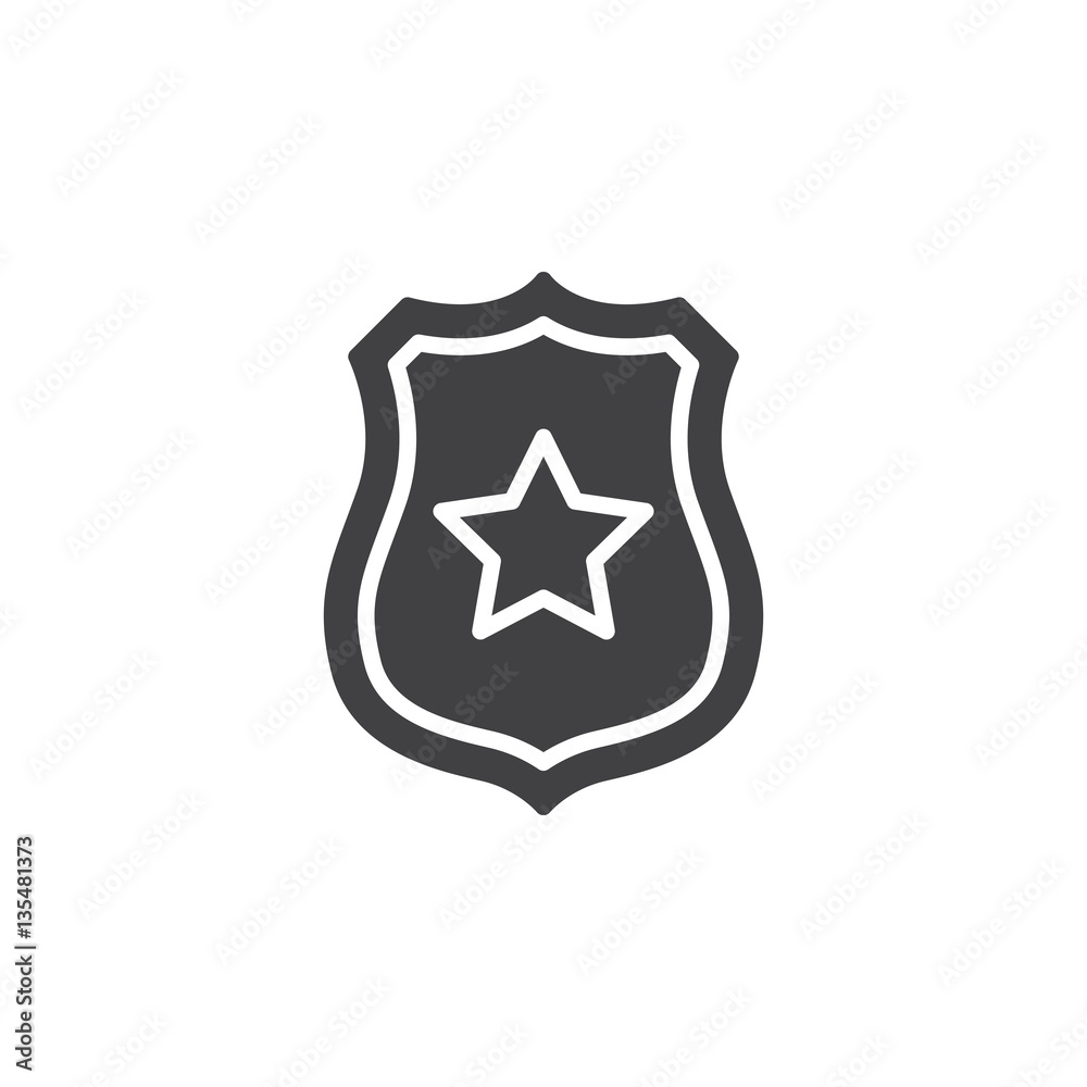 Sheriff badge with star icon vector, filled flat sign, solid pictogram isolated on white. Public safety symbol, logo illustration