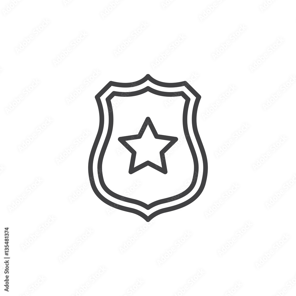 Sheriff badge with star line icon, outline vector sign, linear pictogram isolated on white. Public safety symbol, logo illustration