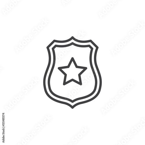 Sheriff badge with star line icon, outline vector sign, linear pictogram isolated on white. Public safety symbol, logo illustration