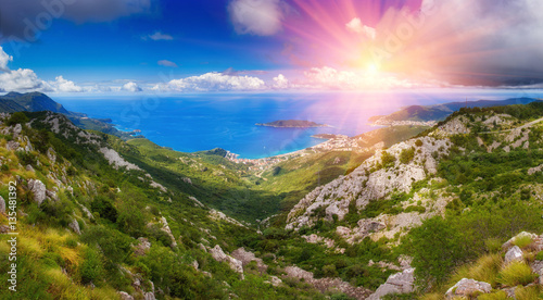 Panoramic landscape of Budva riviera in Montenegro. Balkans, Adriatic sea, Europe. View from the top of the mountain.