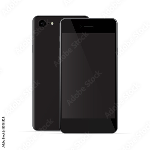 Realistic black phones with black screen, front and back view, i