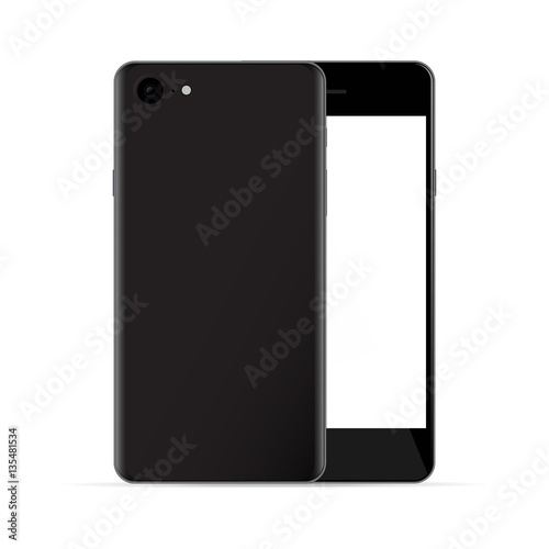 Realistic black phones with white screen, front and back view, i