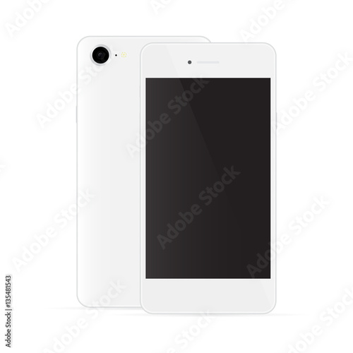 Realistic white phones with black screen, front and back view, i