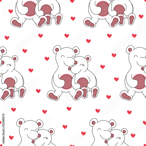 Seamless background of cute polar bears and hearts