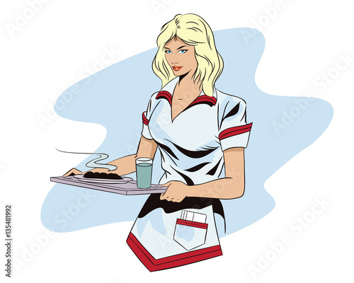Girl waitress with a tray.