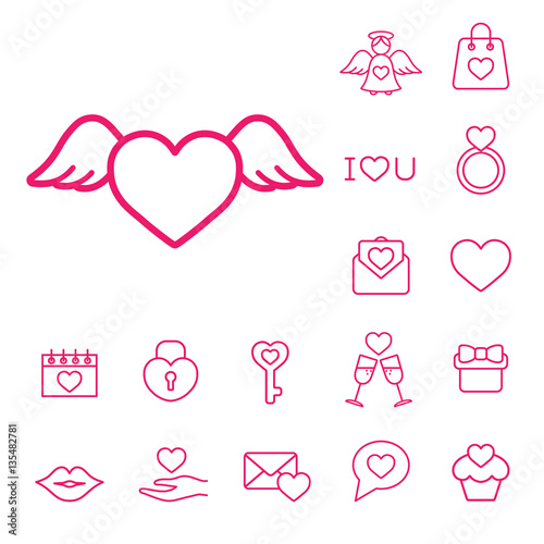 flying heart with wings line icons set photo