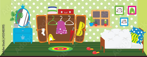 Dolls room interior. Horizontal back banner. Flat style cartoon illustration.