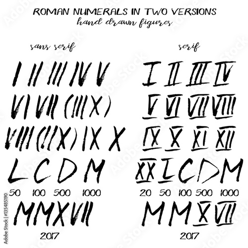 Set of roman numerals in hand drawn technique and grunge style isolated on white. Serif and sans serif variants. Vector illustration