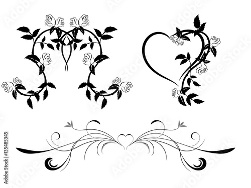 Set of black and white floral ornament with hearts