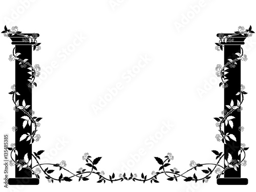 Black and white columns entwined with roses on the sides of the picture