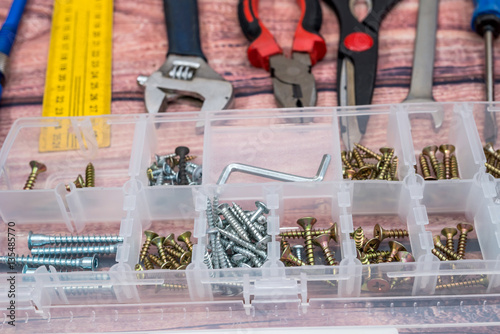 collection work tools on wooden desk.