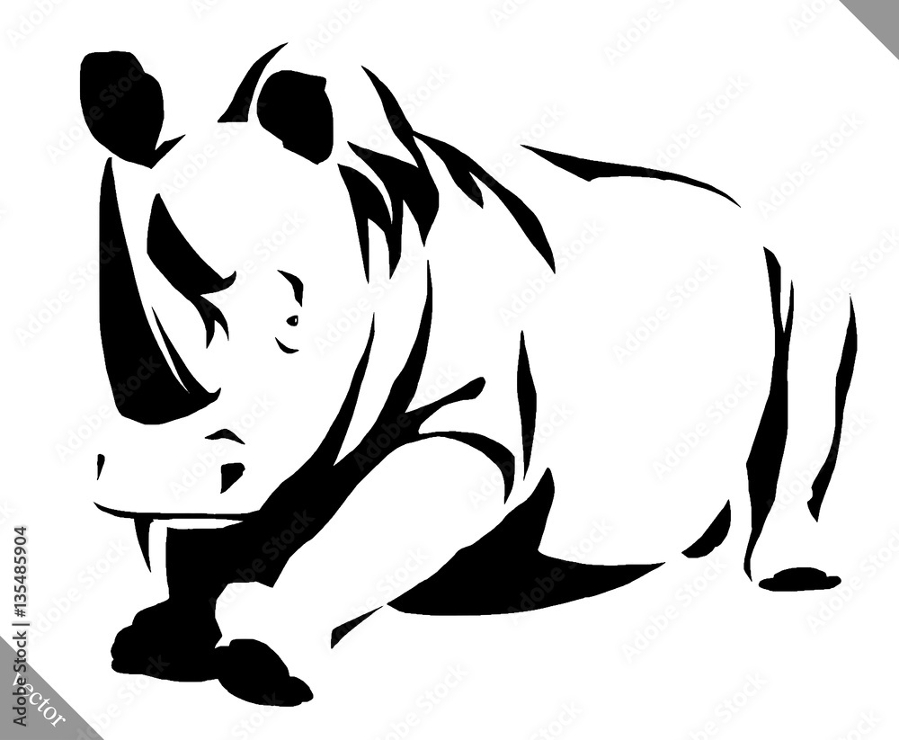 black and white linear paint draw rhino vector illustration