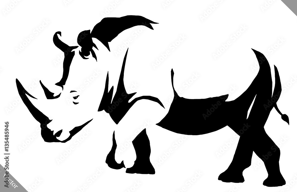 Fototapeta premium black and white linear paint draw rhino vector illustration
