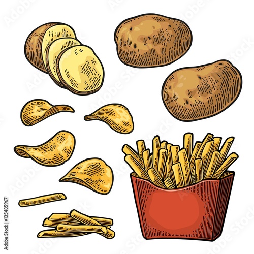 French fry stick potato in paper box and chips.