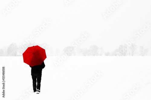 A Woman with a red umbrella in a snowy winter landscape