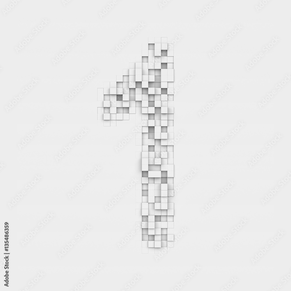 Rendering number 1 made up of white square uneven tiles Rendering number 1 made up of white square uneven tiles
