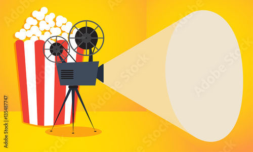 Retro cinema icon with popcorn on yellow background. Vector illustration with copy space