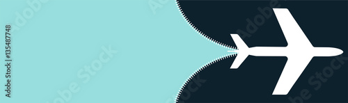 White silhouette of airplane opening zip, travel concept with copy space